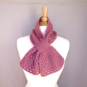 Hand Knit Mauve Keyhole Scarf Merino Mohair Silk